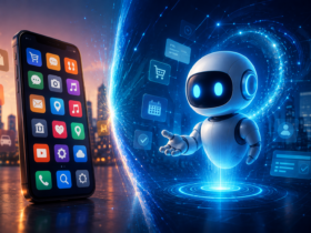 AI agent robot compared with a smartphone showing traditional mobile apps