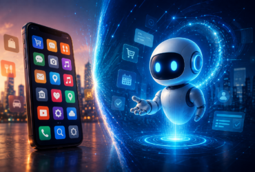 AI agent robot compared with a smartphone showing traditional mobile apps