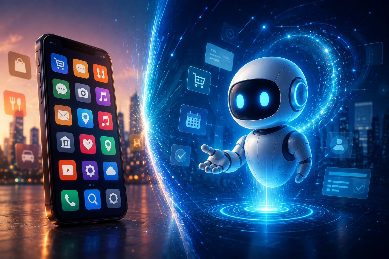 AI agent robot compared with a smartphone showing traditional mobile apps