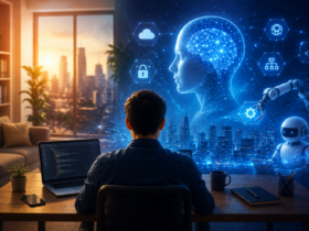 Remote tech professional working on a laptop with AI technology and digital networks