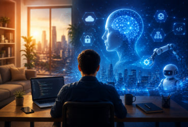 Remote tech professional working on a laptop with AI technology and digital networks
