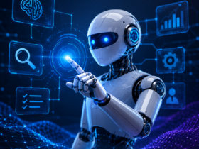 AI agents complete guide showing a futuristic AI robot and intelligent task automation