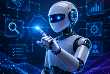 AI agents complete guide showing a futuristic AI robot and intelligent task automation
