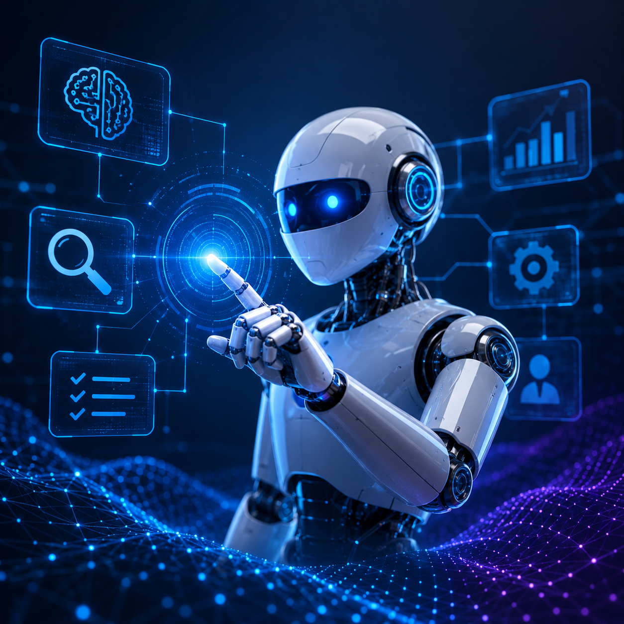 AI agents complete guide showing a futuristic AI robot and intelligent task automation