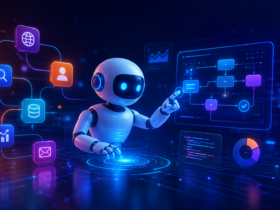 Futuristic AI agent using connected tools, data, and automated workflows to plan, reason, and complete tasks.