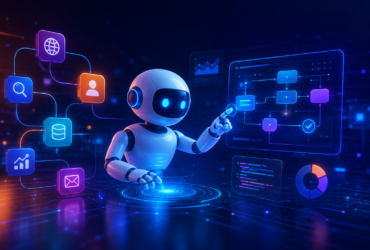 Futuristic AI agent using connected tools, data, and automated workflows to plan, reason, and complete tasks.