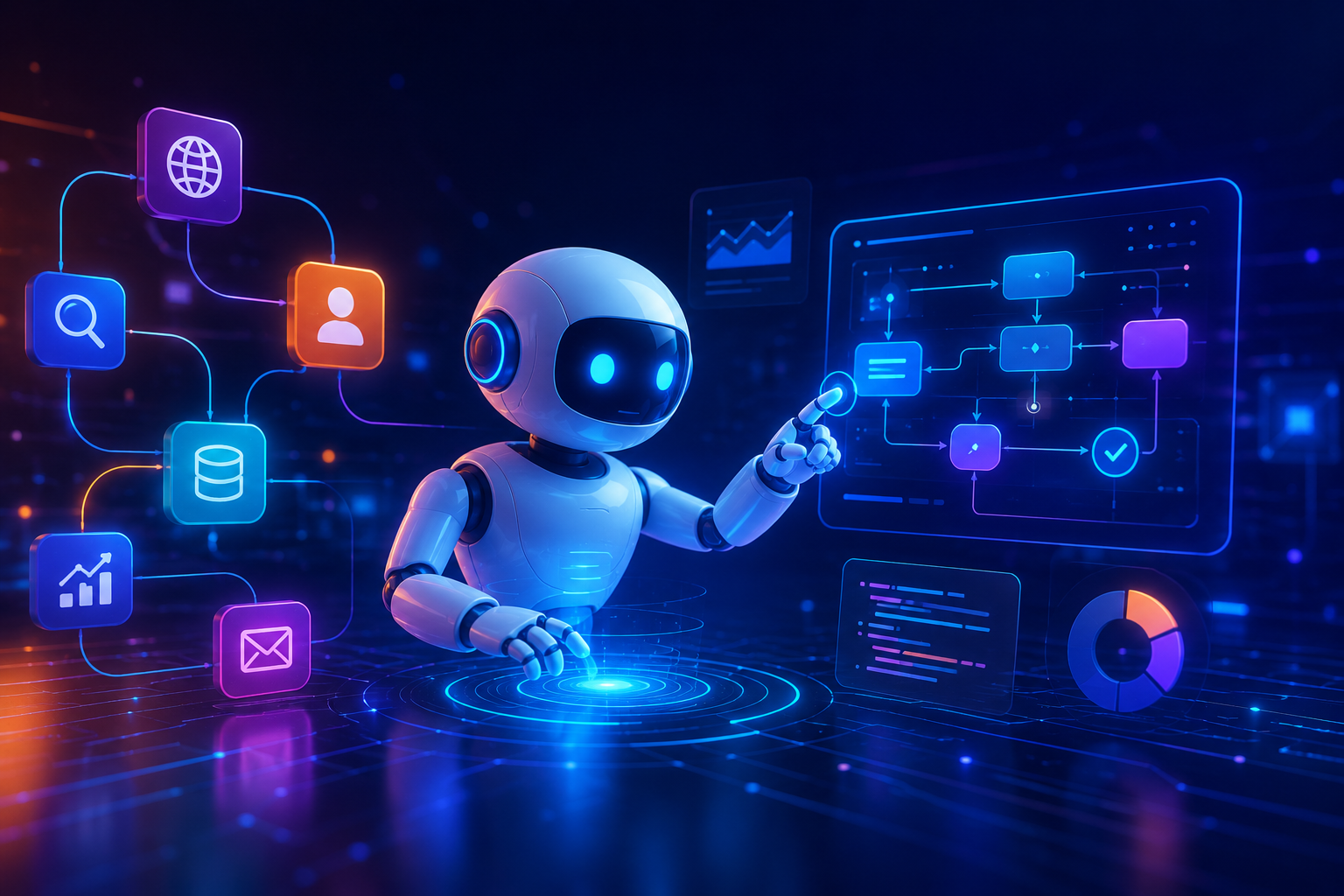 Futuristic AI agent using connected tools, data, and automated workflows to plan, reason, and complete tasks.