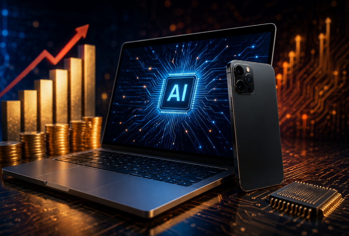 AI-powered smartphone and laptop with rising technology costs and computer chip