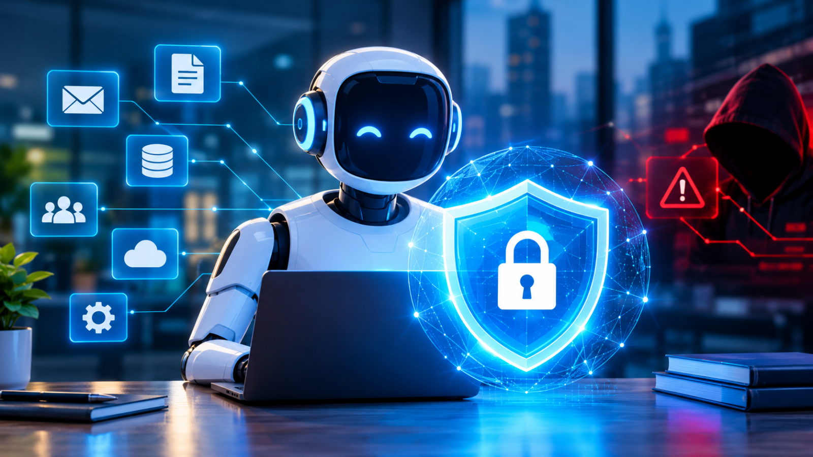 AI agent cybersecurity protecting confidential business data from hackers.