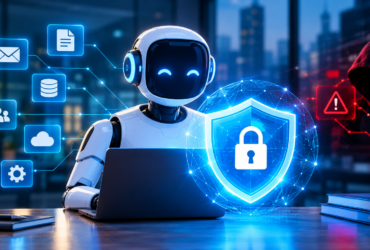 AI agent cybersecurity protecting confidential business data from hackers.