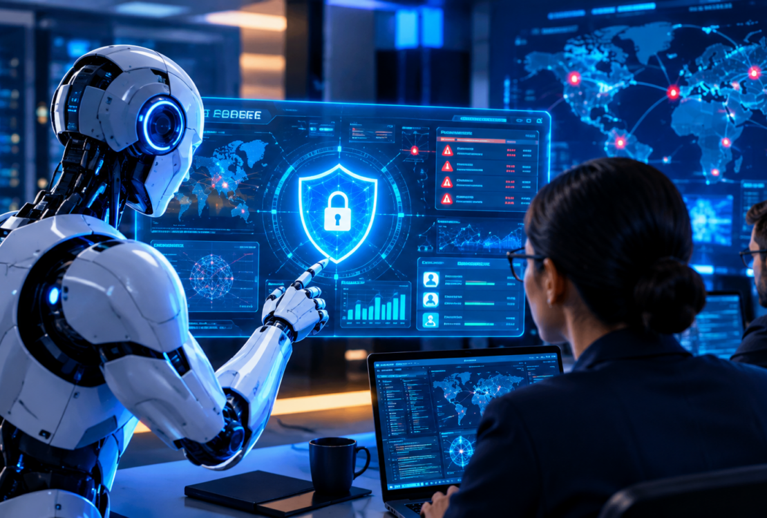AI agents and cybersecurity professionals analyzing digital threats in a futuristic security operations center.