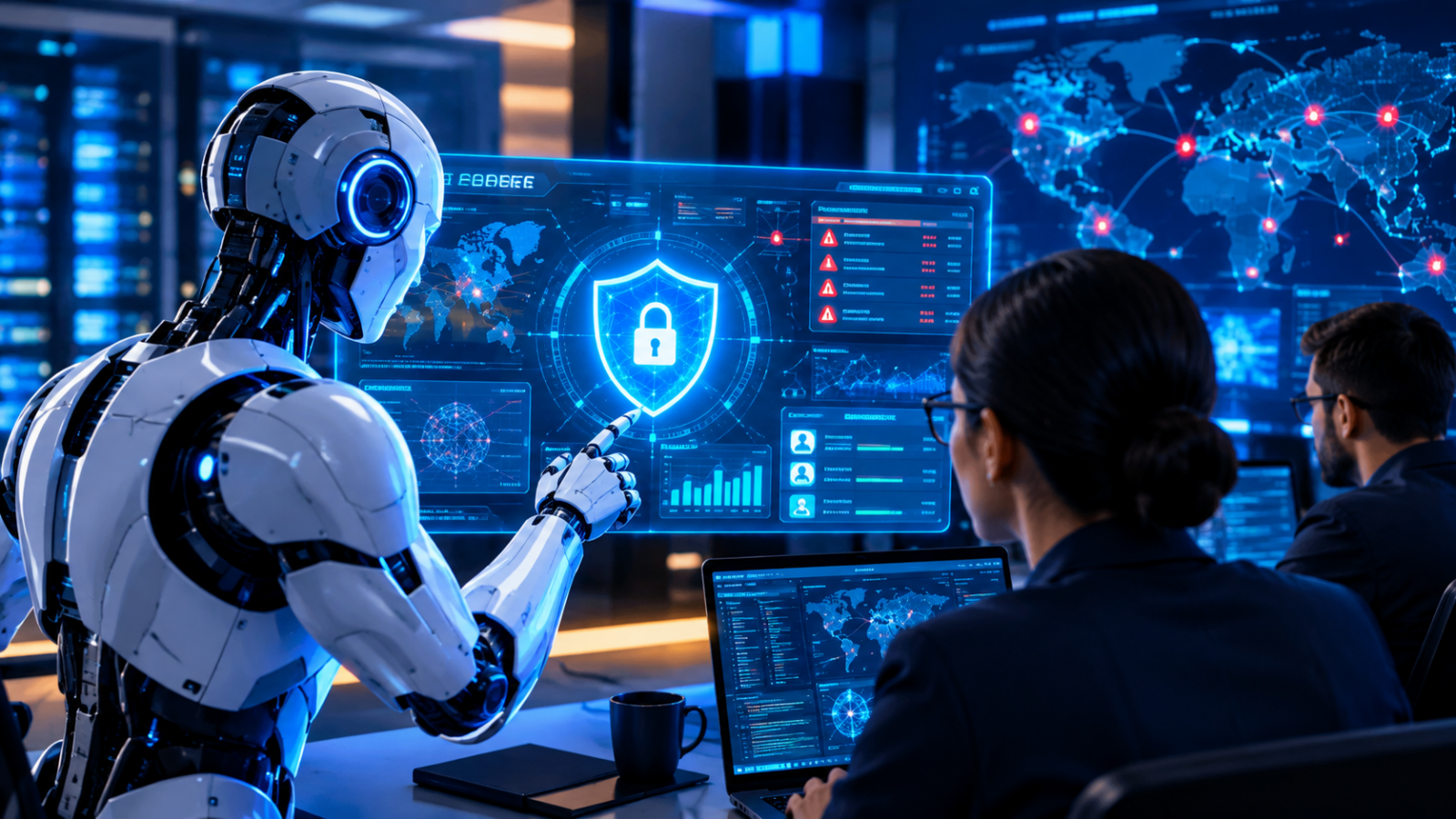 AI agents and cybersecurity professionals analyzing digital threats in a futuristic security operations center.