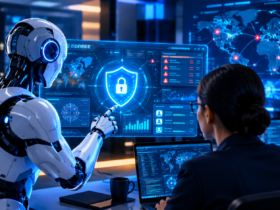 AI agents and cybersecurity professionals analyzing digital threats in a futuristic security operations center.