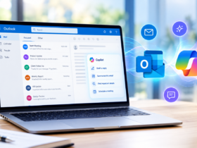 Microsoft Outlook email interface on a laptop representing AI-powered productivity and Outlook feature updates in 2026.