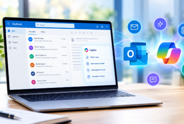 Microsoft Outlook email interface on a laptop representing AI-powered productivity and Outlook feature updates in 2026.